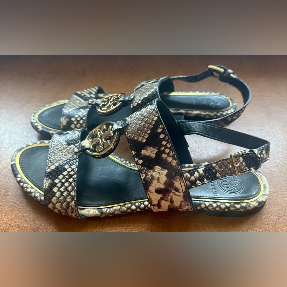Tory Burch Metal Miller Snake Print Two Band Sandal 8M Gold Logo - Picture 9 of 13